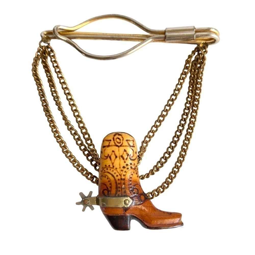 Vintage 60s Cowboy Boot Tie Bar Clip Western Gold Tone Chain Carved Wood Spur‎